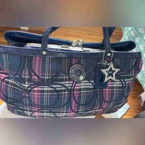 Coach navy/pink plaid handbag.